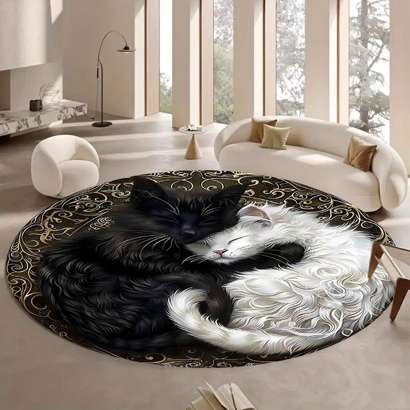 Black and White Cat Design Flannel-printed round floor mats are slip-resistant Suitable for room bedroom terrace garden carpets