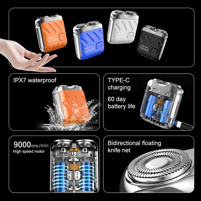 Mini Electric Shaver Dual Head Waterproof Type-C Rechargeable Shaver Travel Rotary Razor Men'S Portable Hair Beard Trimmer Tool