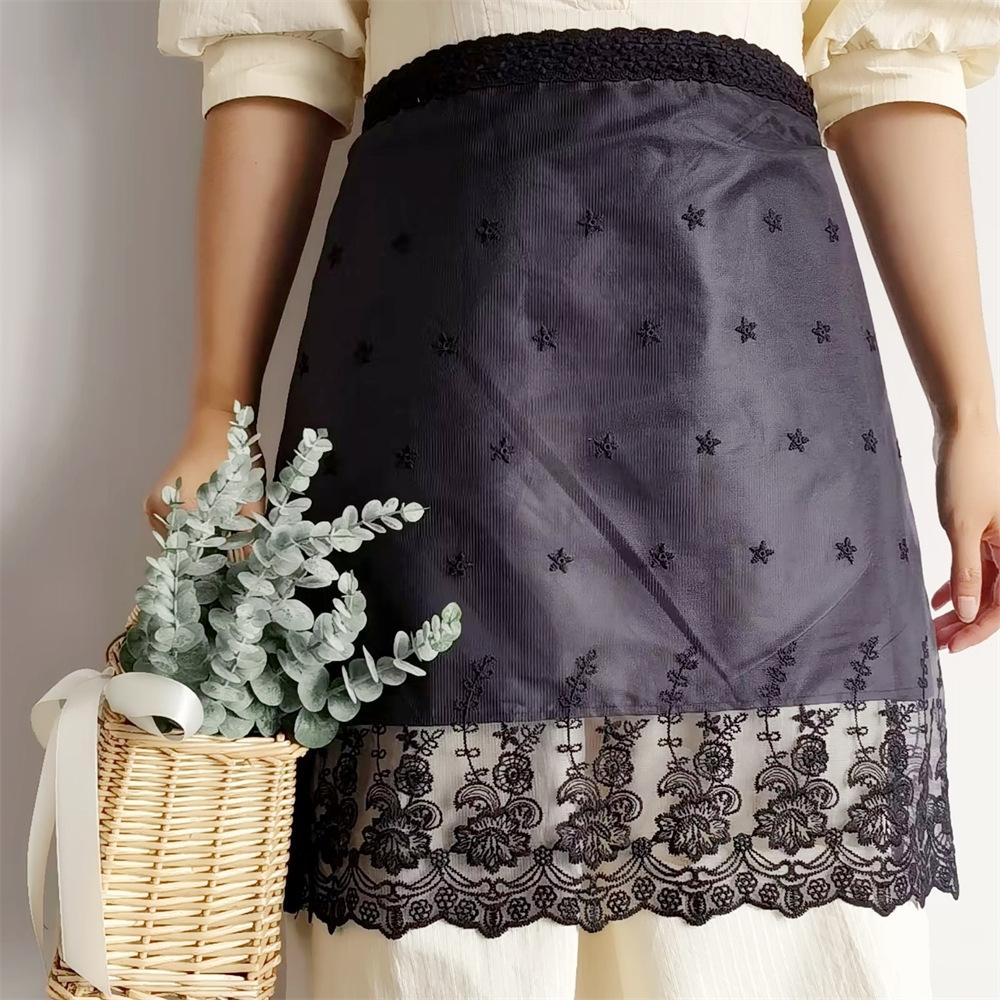 White Lace Embroidered Half Waist Apron Waterproof Cottagecore Kitchen Cooking Apron
