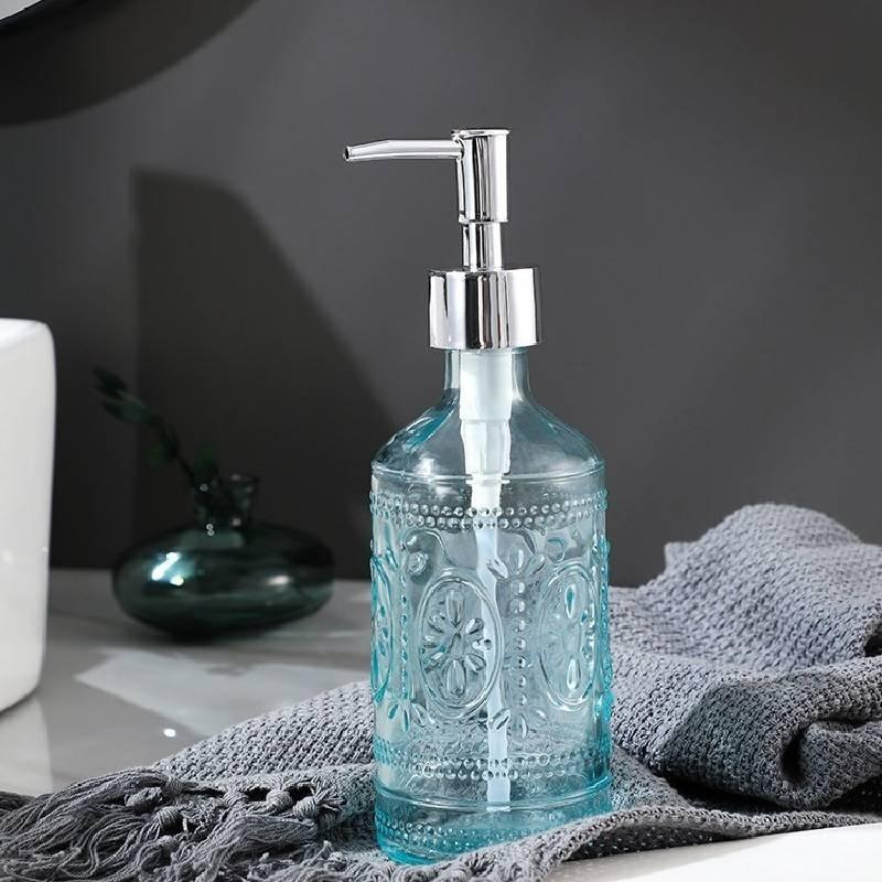 Stylish Blue And Gray Glass Soap Dispenser 420ml Square Bottle For Lotion And Liquid Soap