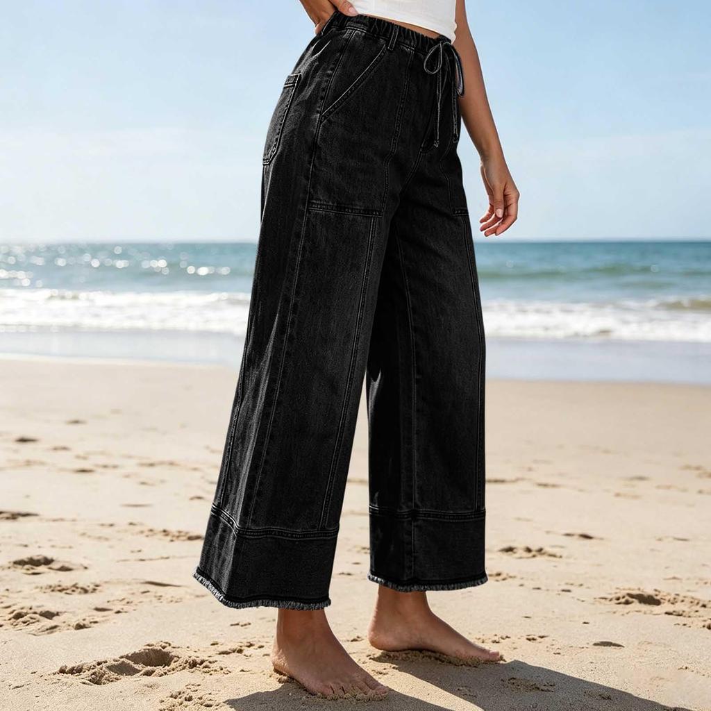 Women's Casual Wide Leg Drawstring Jeans with Pockets for Everyday Wear