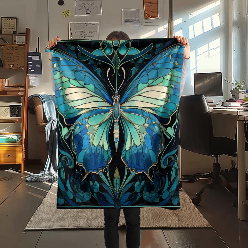 Cyan Butterflies Print Flannel Blanket, High quality Comfortable for All Seasons, Home Decor, Warmth and Comfort
