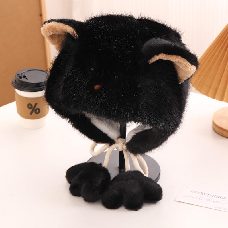 

Plush hat women s new plush head hat autumn and winter new cute cartoon cat thickened warm ear hat M（56-58cm） чорний