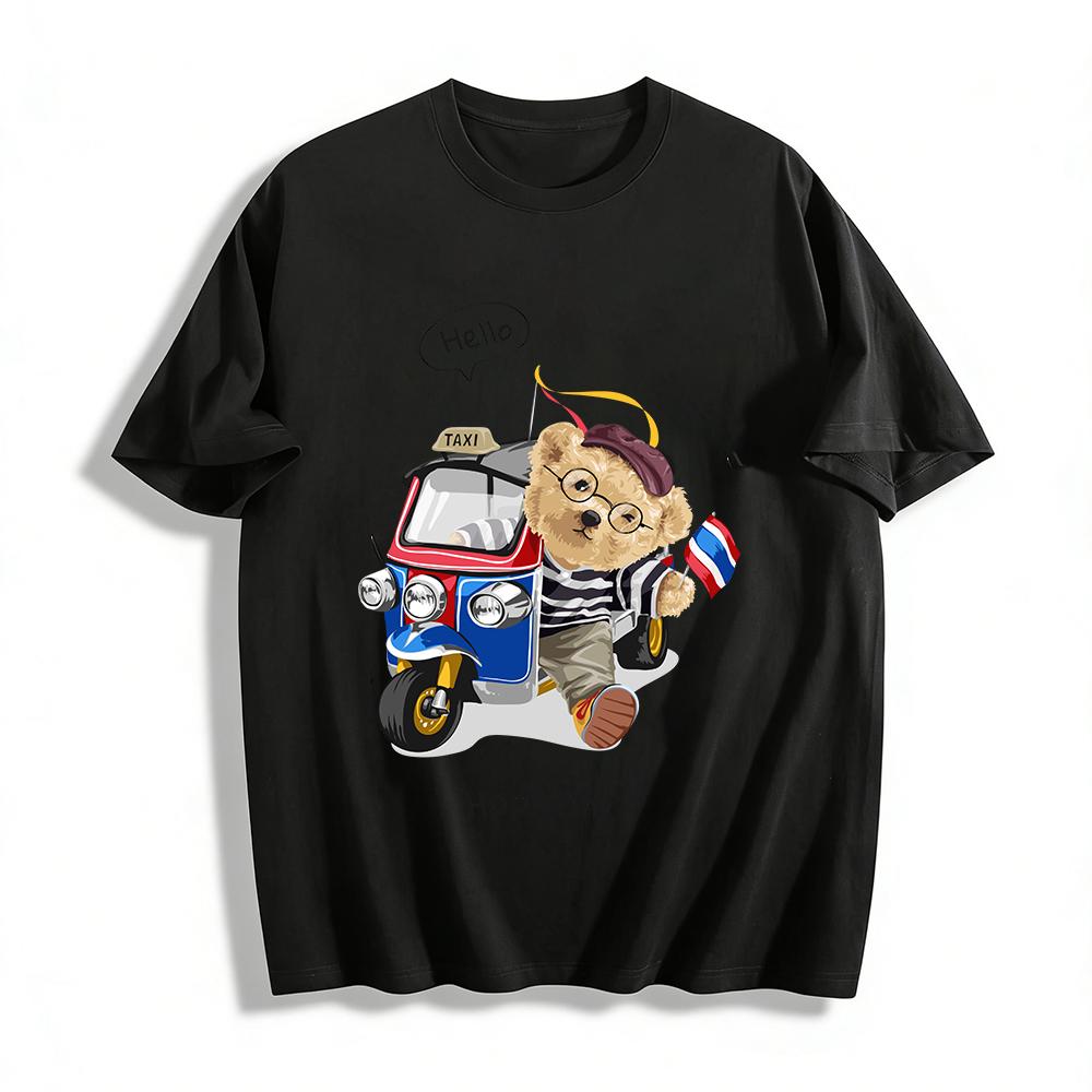 

Cute Teddy Bear Tuk-tuk Print Casual Top For All Ages Pure cotton T-shirt XXS