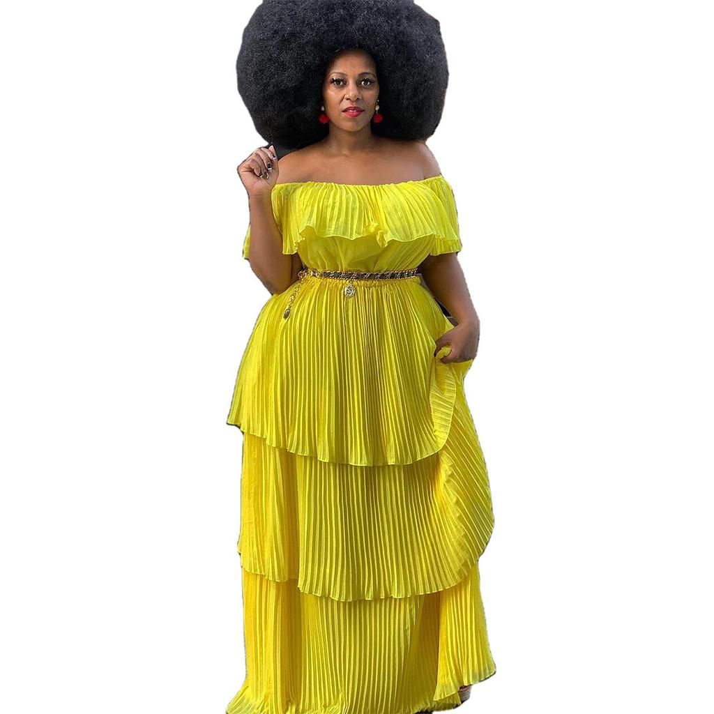 Year dress yellow chiffon one-word shoulder halter slim beach vacation pleated long dress dress