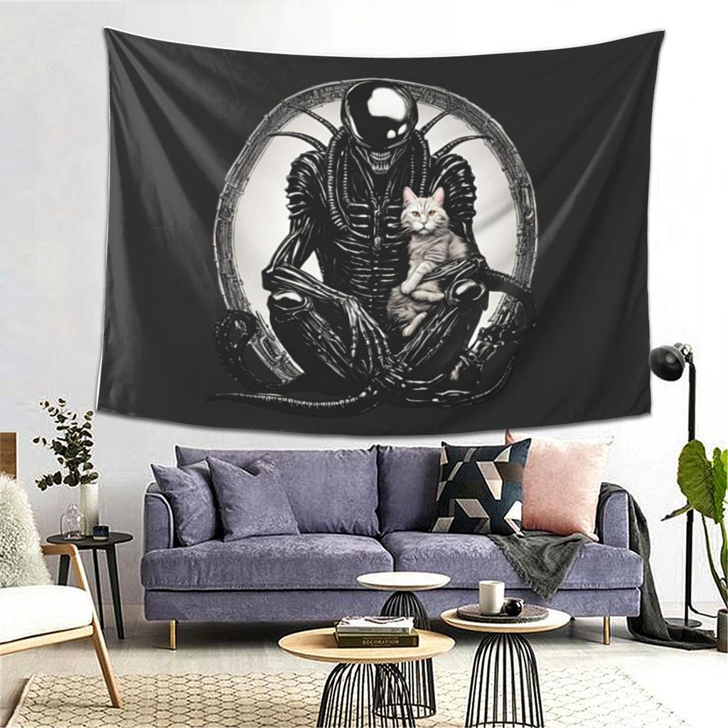Xenomorph And A Cat Tapestry Wall Hanging Aesthetic Home Decor Tapestries for Living Room Bedroom