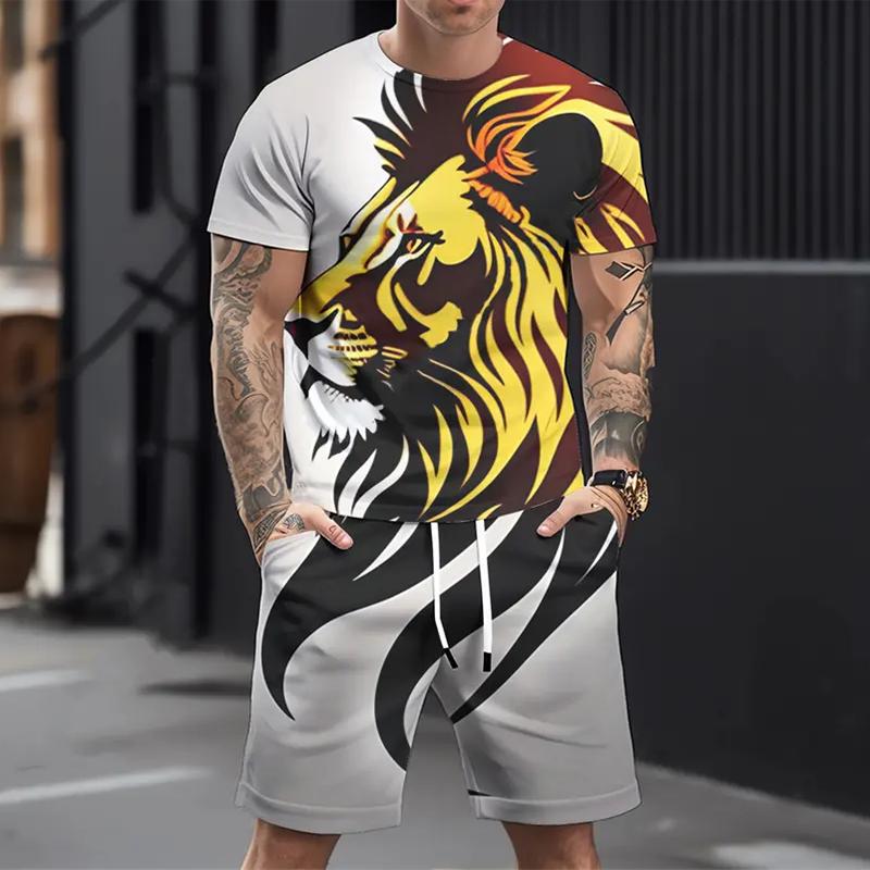 Men's Casual Sports Suit Printed 3D Fierce Wolf Pattern Suit, Summer Casual Breathable Suit