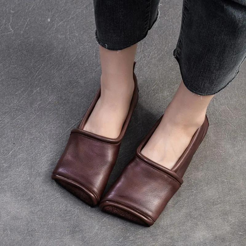 Fashion 2025 Autumn New  Leather Square Toe Flat Loafers Retro Soft Sole Comfortable Women's Slip-on Shoes