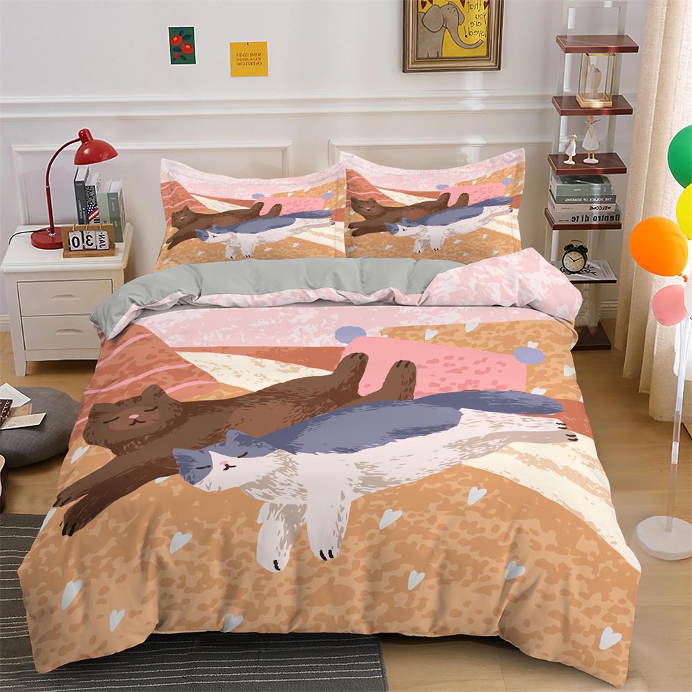 Cute Sleeping Cats Printed Bedding Set with Coreless,Soft and Comfortable Machine Washable Bedding 1 Duvet Cover+1/2 Pillowcase