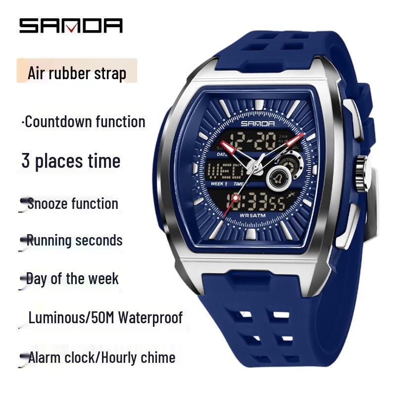 Sanda Men's Sports Barrel-Shaped Luminous Countdown Watch with Triple Time Zone and Dual Display, Waterproof Design.