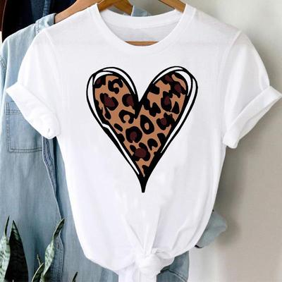 (Asian Size) Clothing Casual Leopard Love Heart Women Tee Top Fashion Short Sleeve T Shirt Print Lady Female Graphic T-shirts