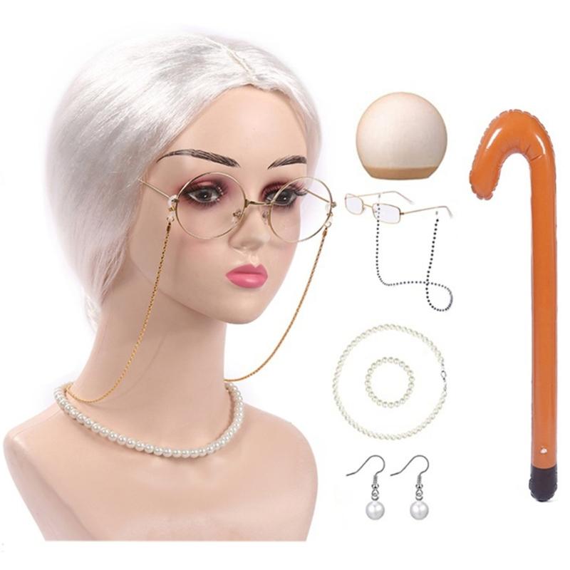 Altes Damen Kostüm für Mädchen Perücke Oma Brille Halskette 100 Tage Schule Kostüm Halloween Oma Kostüm Set