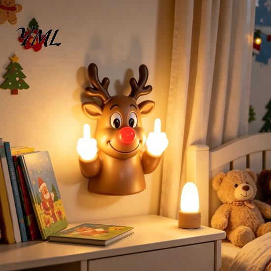 Skurrile Geschenke für Kollegen Weihnachten Mittelfinger Licht, Frecher Weihnachtsmann Rentier Gebende Lampe mit LED Dekorative Tischplatte Nachtlicht