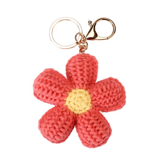Knitted Keychain Handmade Crochet Flower Keychain Pink Bohemian Bag Charm Car Keys Backpack Accessories
