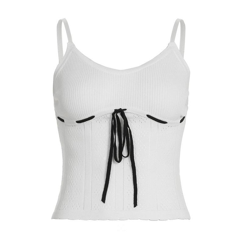 Women's Hollow Wearing Rope with Light Wool Woven Halter Spice Sexy Contrast Color Waist Vest Top