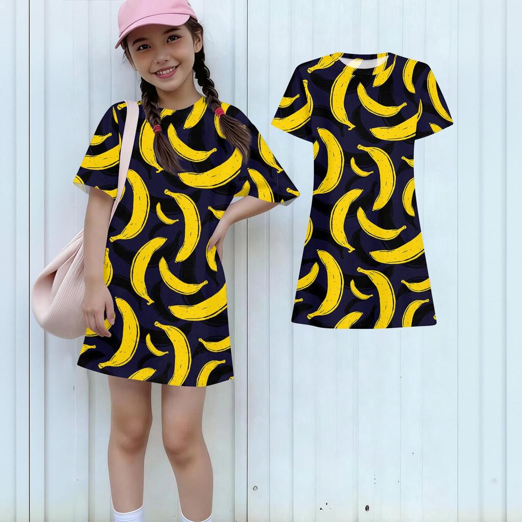 Girls Print Casual Dress Kids Loose Round Neck Short Sleeve Thin Sundress
