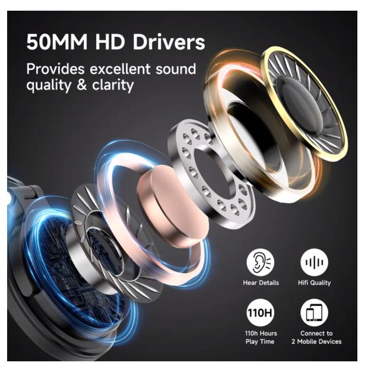 Oneodio Pro C Kabellose Kopfhörer 110H Wiedergabezeit, Bluetooth 5.2, Faltbare Bequeme Passform, Tiefbass Stereo-Kopfhörer mit Mikrofon