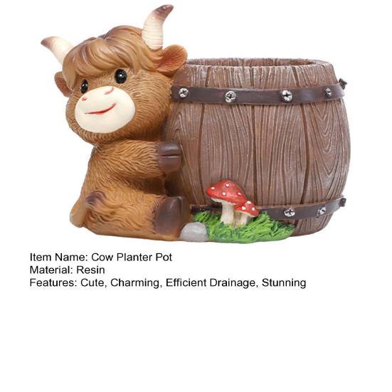 Highland Cow Planter Cute Cartoon Cattle Resin Plant Pot Rustic Animal Flower Pot