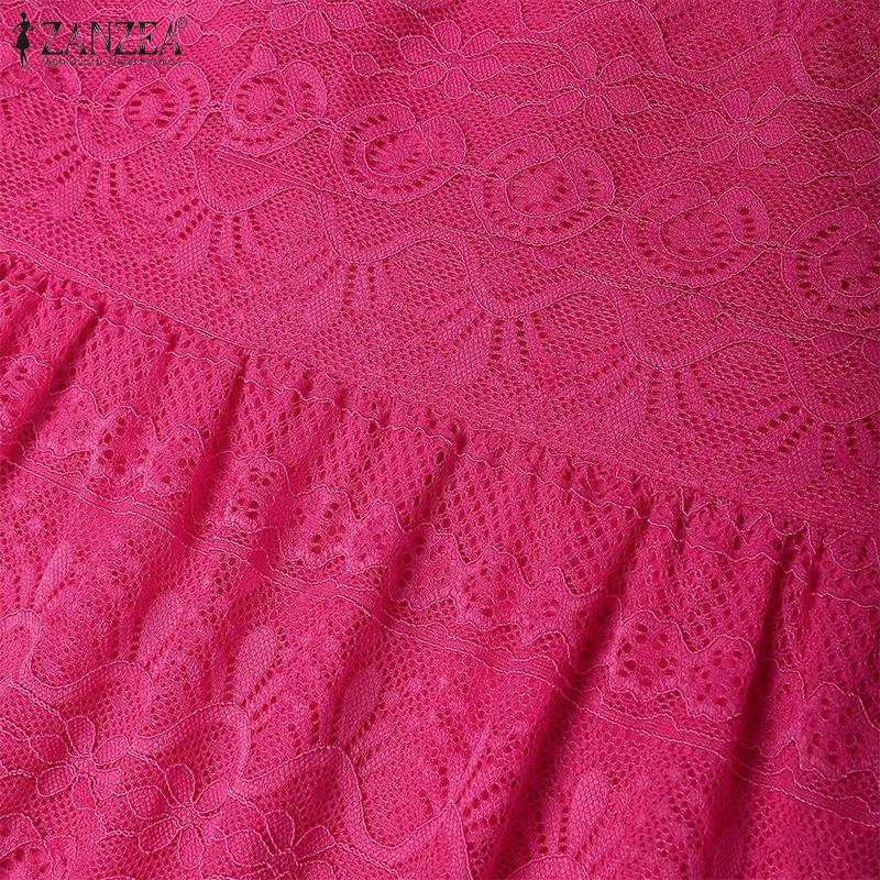 ZANZEA Women Casual V-Neck Summer Short Sleeve Lace Patchwork Dress
