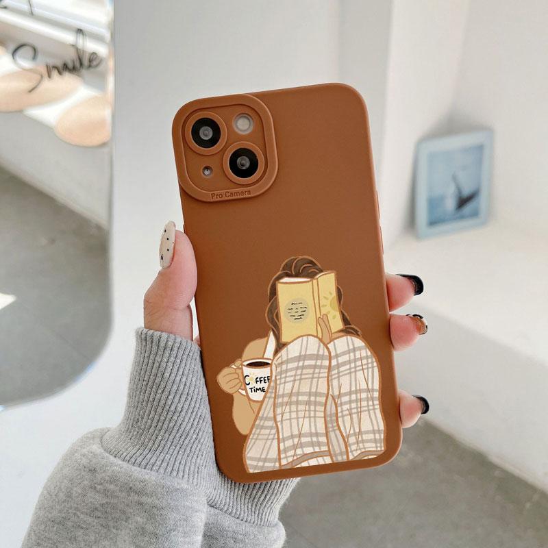 Read Book And Coffee Girl Phone Case Cute Cover for Iphone 7 8 Plus SE 2020 13 14 12 11 Pro Max X XS XR Soft Silicone Back Cover