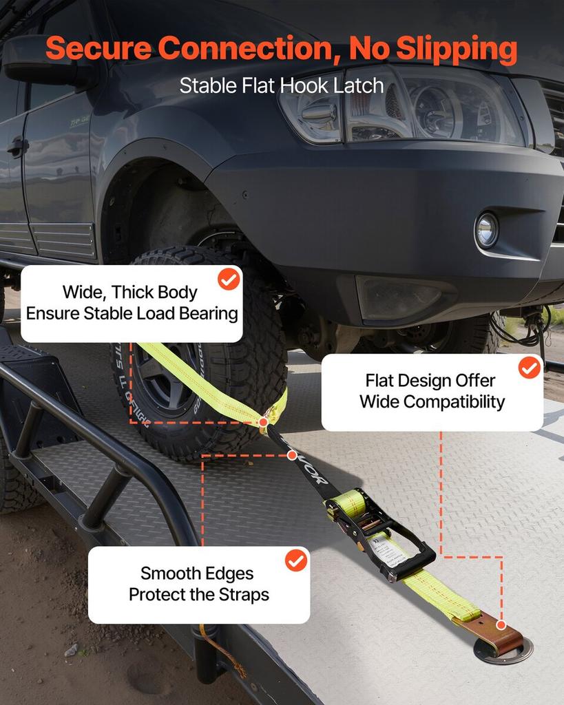 Wheel Chock Tie-Down Kit, Tire-Style Motorcycle Tie-Down System, Car Tie Down Kit with Flat Hook, Break Strength 4540 Kg & Working Load 1512 Kg
