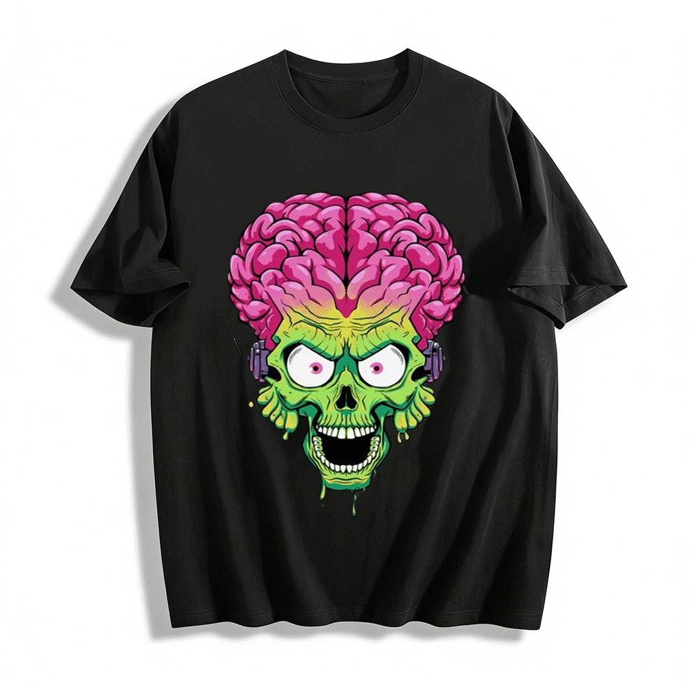 Cool Exposed Brain Skull Print Trendy Unisex Casual Short Sleeve Tee Pure cotton T-shirt XXS