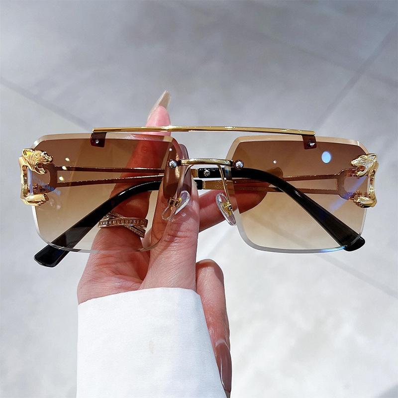 

Luxury Vintage Rimless Sunglasses Women Fashion Trendy Leopard Head Frame Gradient UV400 Sun Glasses For Men As The Picture