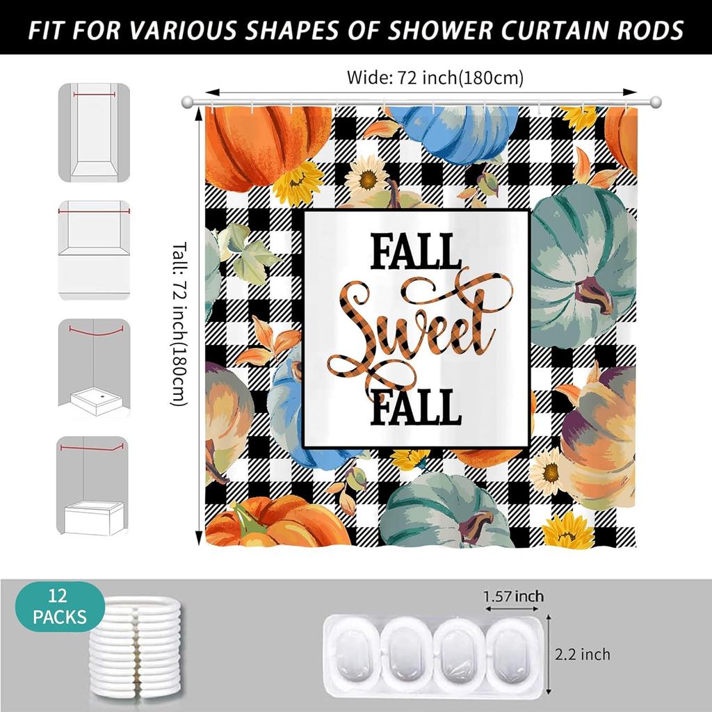 Fall Sweet Fall Shower Curtain With Pumpkins And Buffalo Check Pattern Autumn Theme Water Resistant Fabric Cozy Rustic Bathroom