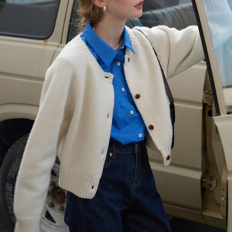 

Модный кардиган женский вязаный свитер новый длинный рукав простой осенне-зимний свитер с круглым вырезом однотонный повседневный трикотажный топ 1400 One Size бежевый