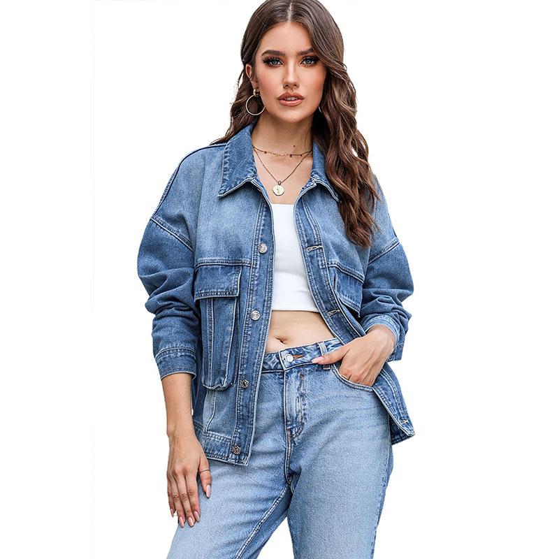 

2025 осень новая однотонная куртка с длинным рукавом женская повседневная универсальная джинсовая куртка на нескольких пуговицах женская S