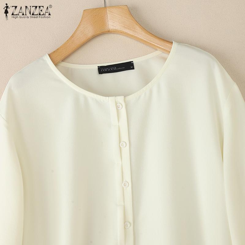 ZANZEA Women Casual Round Neck Loose Long Sleeve Plain Blouse
