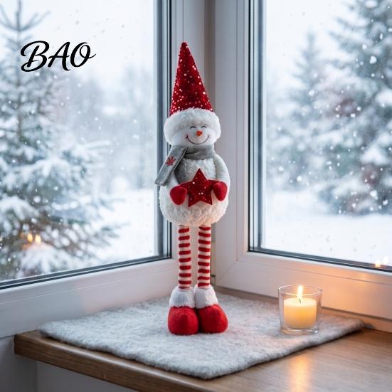 Festive Party Supplies Christmas Plush Snowman with Extendable Legs, Sequins Hat Holding Star Dolls Doll, Standing Long Legs Xmas Decoration