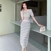 Women's French-Style Striped Color-Block Knit Dress, Waist-Cinched Slimming Midi