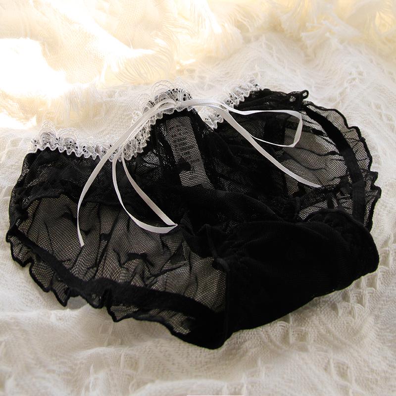 Black Women's Lace Mid-Waist Bow Mesh Panties - 620 Series