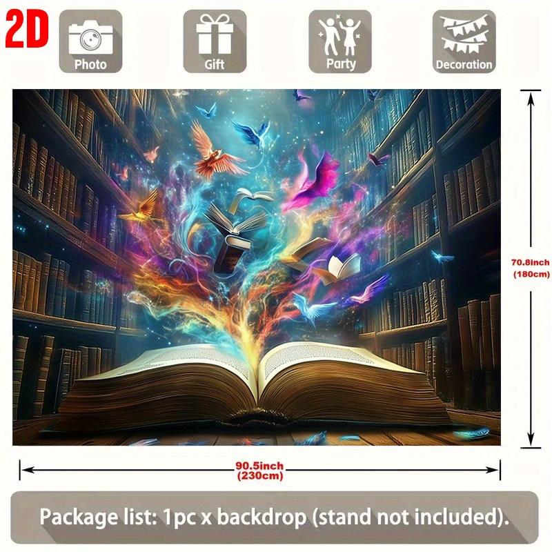 Magic Book Backdrop Banner, Flying Books with Colorful Birds Design, Photo Background for Home Decor Birthday Family Gathering Party