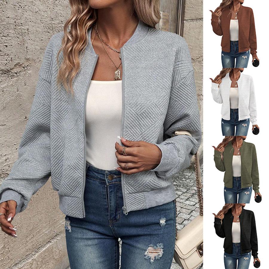 Solid Zipper Jacket Baseball Collar Casual Coat Women's