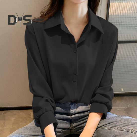 Women Shirt Pure Color Single Breasted Turn Down Collar Plus Size Long Sleeve Cardigan Soft Casual OL Commute Bottom Blouse Lady Top