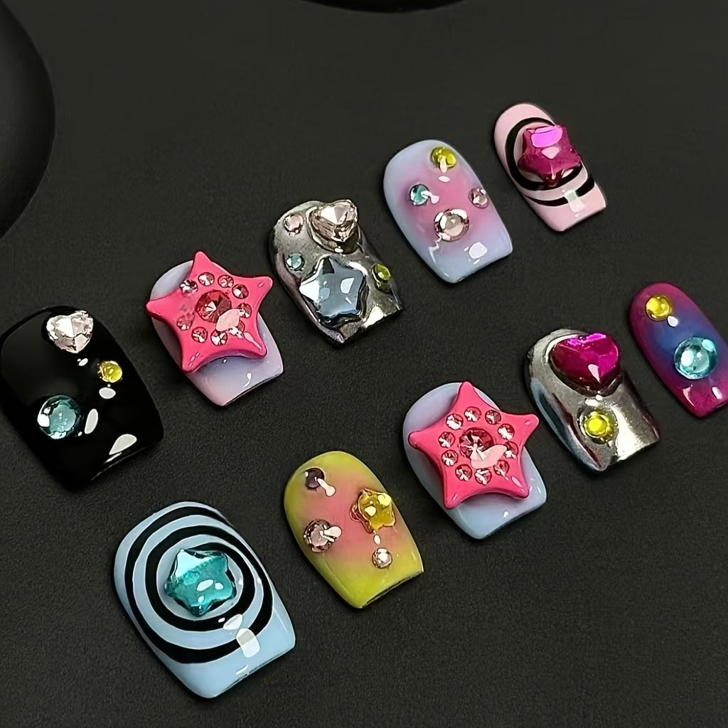 10 Pcs Handmade Short Fake Nails With Sparkling Small Diamonds High Quality Press On Nails For Various People