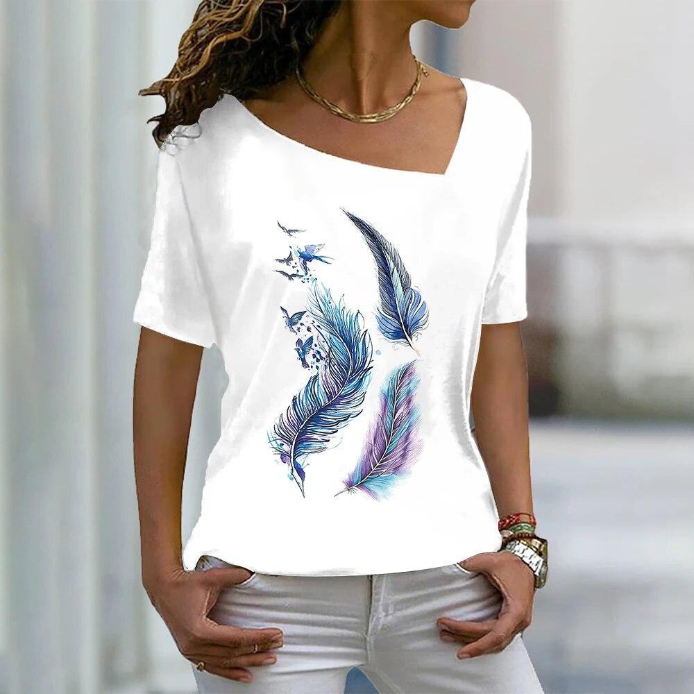 

Женская футболка с коротким рукавом с наклонным вырезом и принтом перьев, модные топы с короткими рукавами, летняя женская одежда больших размеров, футболки в стиле Харадзюку M