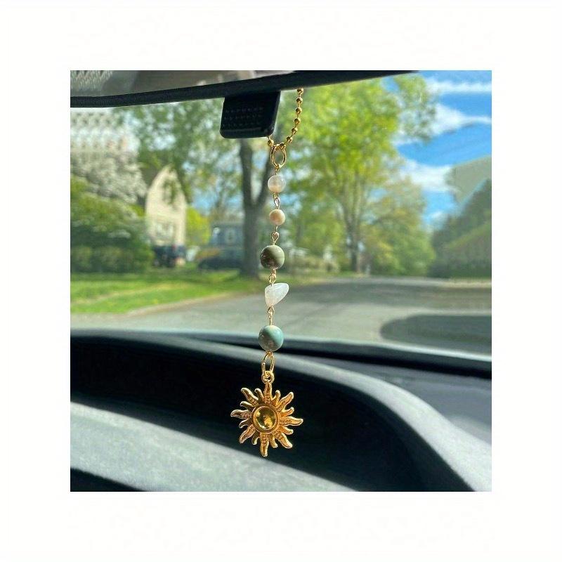 Sun Hanging Car Charm, Green And Gold Rear View Mirror Accessories Cute Boho Dangling Sun Car Decor Handmade Healing Crystals Stones Ornament Gifts