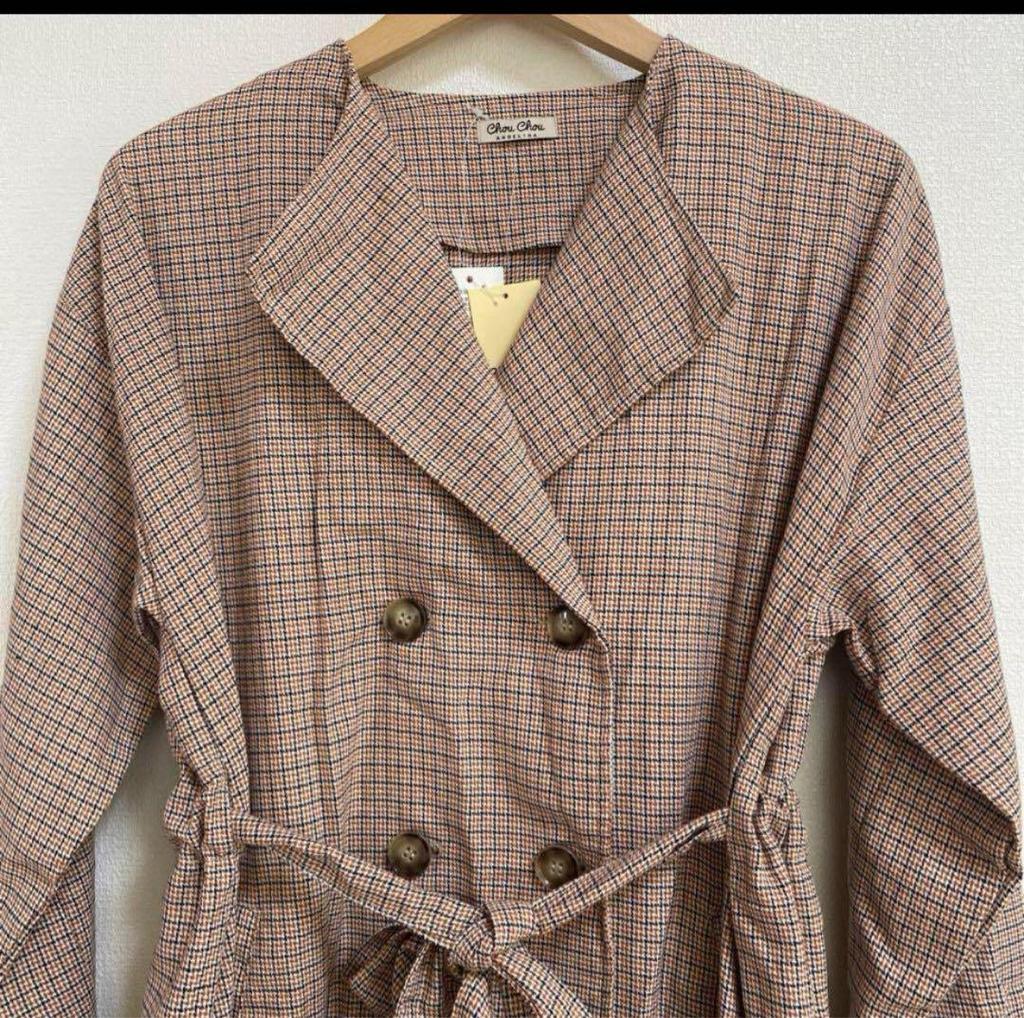 [USED] Brown Check Double-Breasted Coat, No-Collar Long Coat, Korean Style