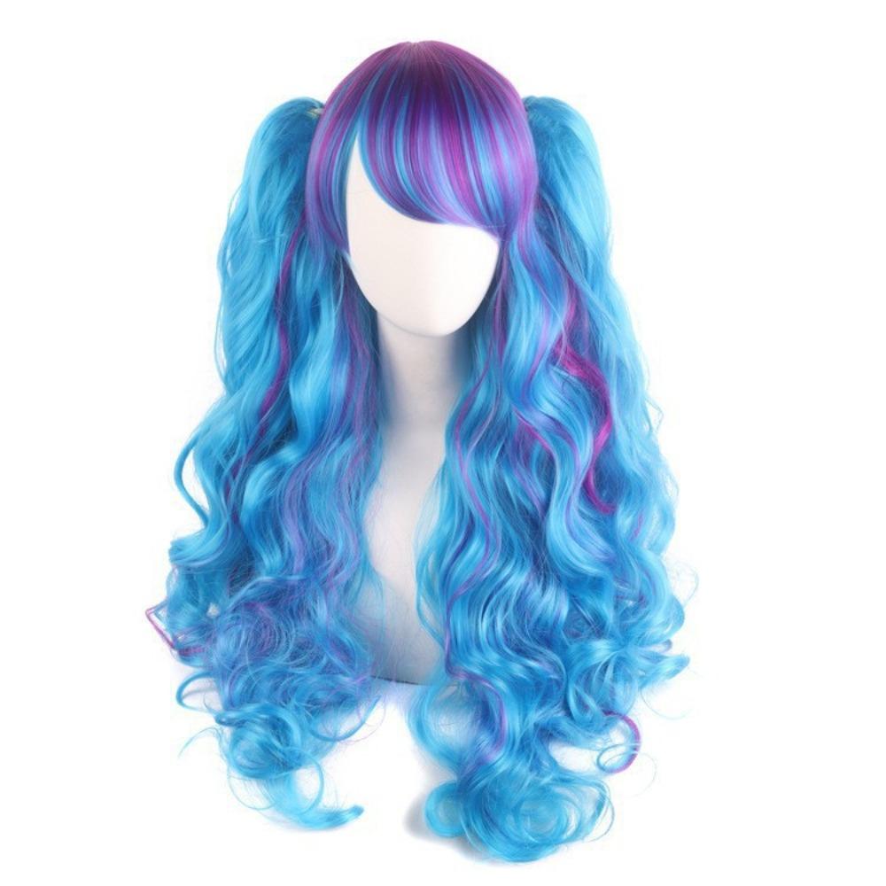 80cm Long Curly Cosplay Wig with 2 Ponytails Women Layered Wigs Pink Blue Gold Curly Wigs  Carnival