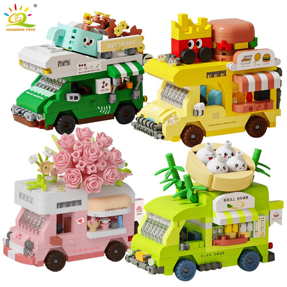 HUIQIBAO Street Food Car Model Micro Building Block MOC Flower Store truck Bricks Set Cute Ornament Decoration Toy for Kid Girl