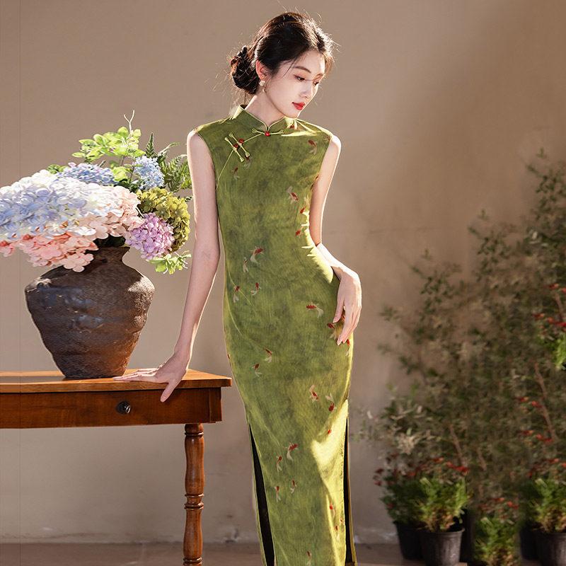Green sleeveless national style new Chinese Suzhou long cheongsam improved young 1011 new women's high sense summer