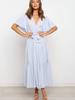 New Style V-Neck Solid Color Short Sleeve Ruched High-Waisted Dress Bohemian Maxi Dress