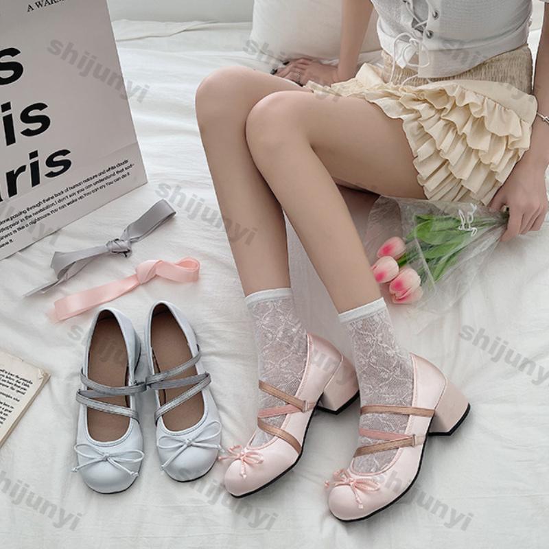 Moda Mulheres Fofos Ballet Sapatos Solteiros Lolita Bico Redondo Sapatos Mary Jane Moda Senhoras Salto Alto Tira Cruzada Bombas Elegantes Sapatos de Vestido