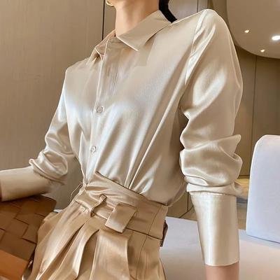 Rimocy 2026 Fashion Long Sleeves Satin Blouse Women Single Breasted Loose Faux Silk Shirts Woman Solid Turn Down Collar Shirt