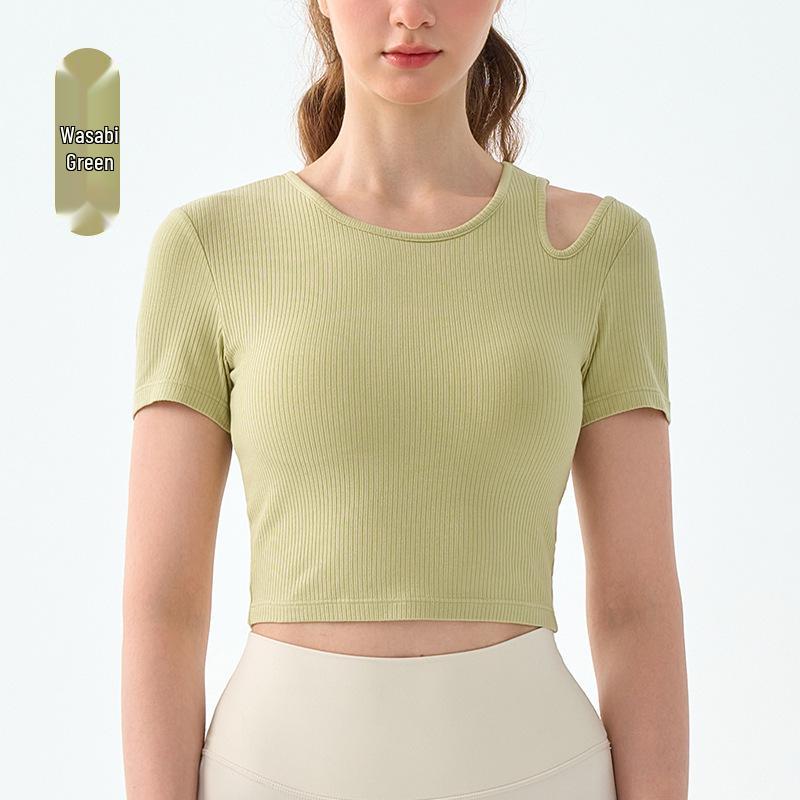 

Women s Ribbed Hollow Out Sports T-Shirt with Chest Pads - Solid Color, Slim Fit, Short Sleeve Yoga Top Large