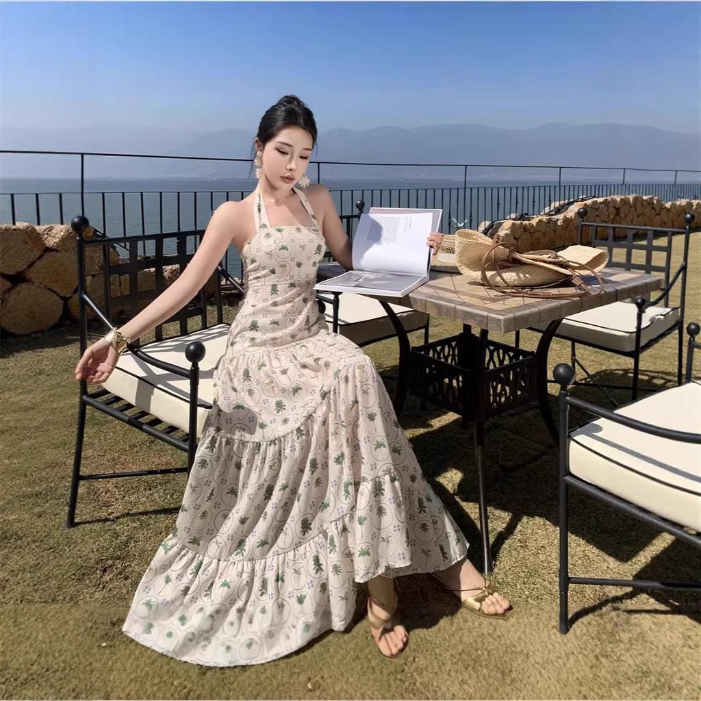 French Retro Beach Waist Slim Holiday Dress Neck Design Big Swing Skirt Temperament Slim Dress Women