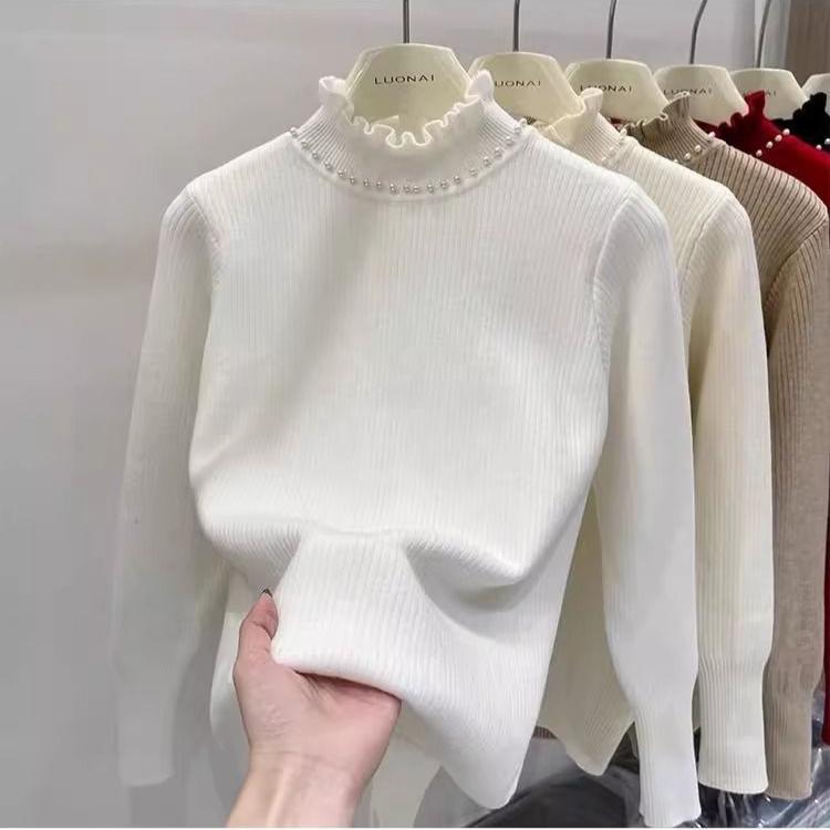 Thickened Velvet Sweater Women's Wooden Ear Nail Bead Knitted Sweater Solid Color Warm One Fleece Inner Hoodie